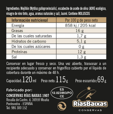 Mejillones en escabeche 6/8 piezas aceite de oliva ecológico Rias Baixas 115 gr - Imagen 2