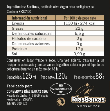 Sardinas en Aceite oliva ecológico 3/4 piezas Rias Baixas 120 gr - Imagen 2